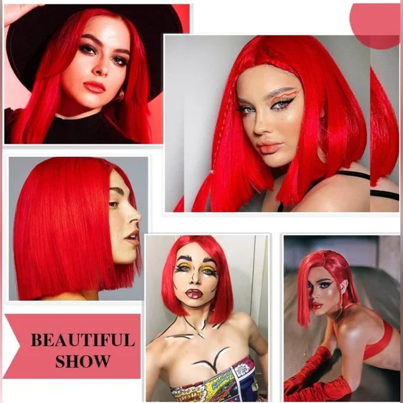 Red Hot Short Bob Wig Synthetic - Picture 3 of 8